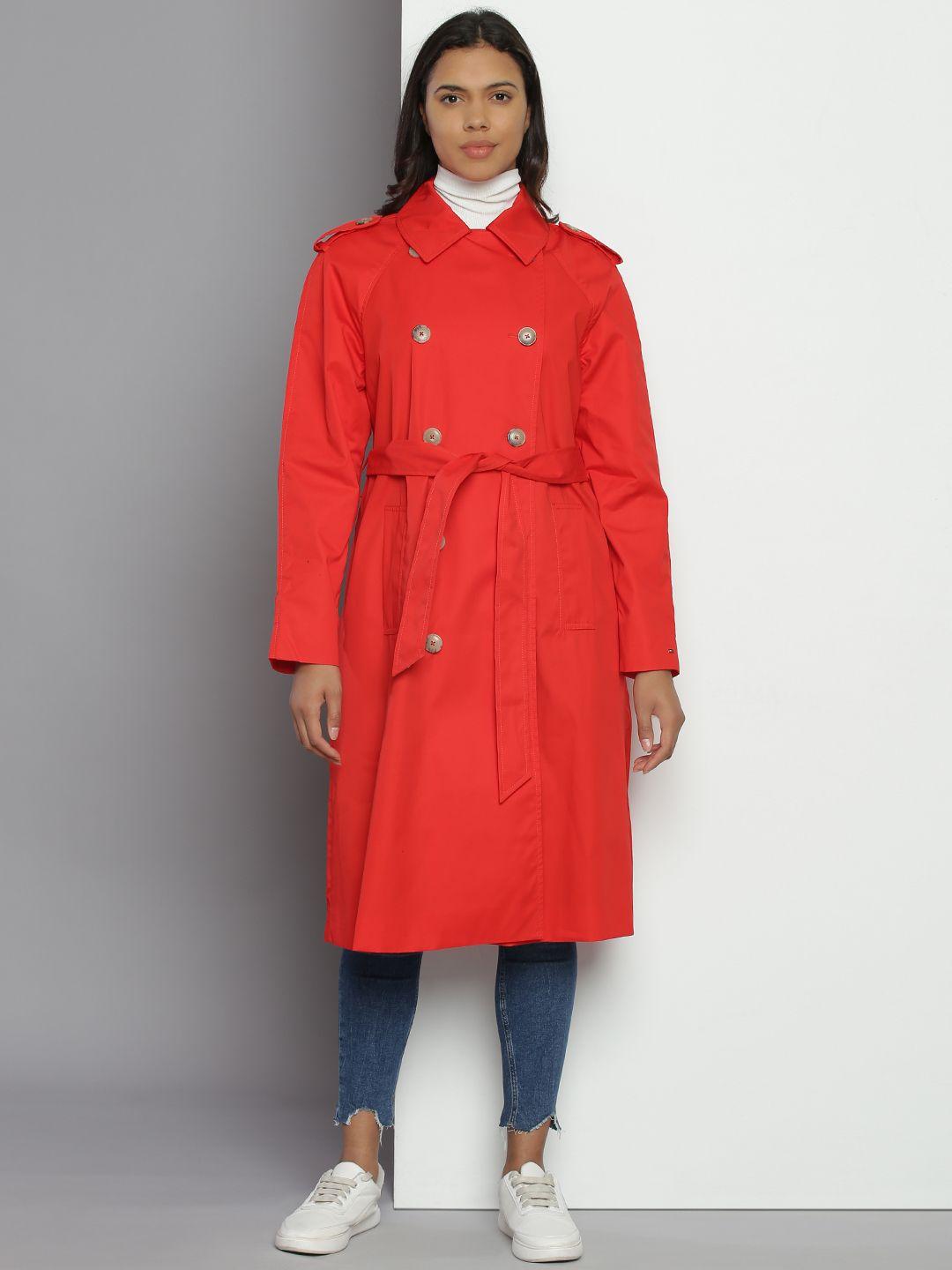 tommy hilfiger double-breasted pure cotton solid longline trench coat