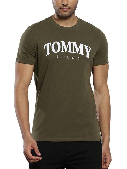 tommy hilfiger drab olive green cotton slim fit logo printed t-shirt