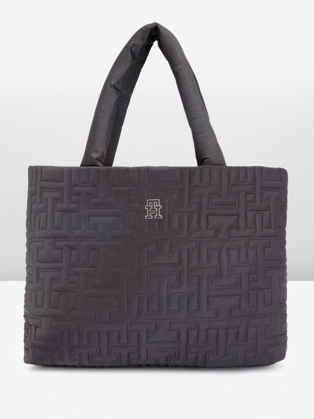 tommy hilfiger geometric self design oversized structured shoulder bag with quilted detail