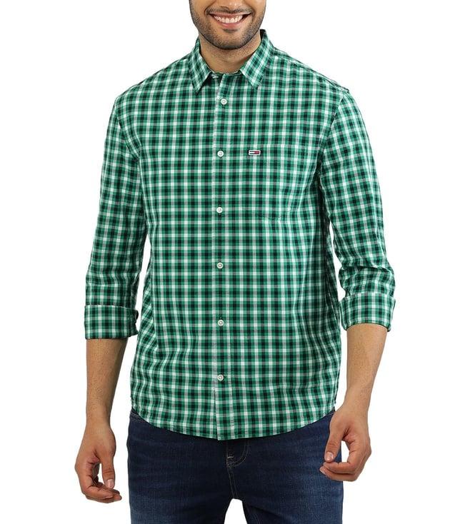 tommy hilfiger green checks regular fit shirt