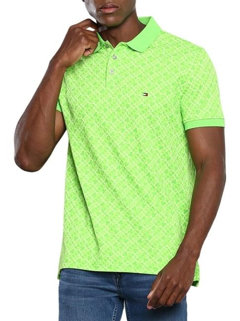 tommy hilfiger green cotton regular fit printed polo t-shirt