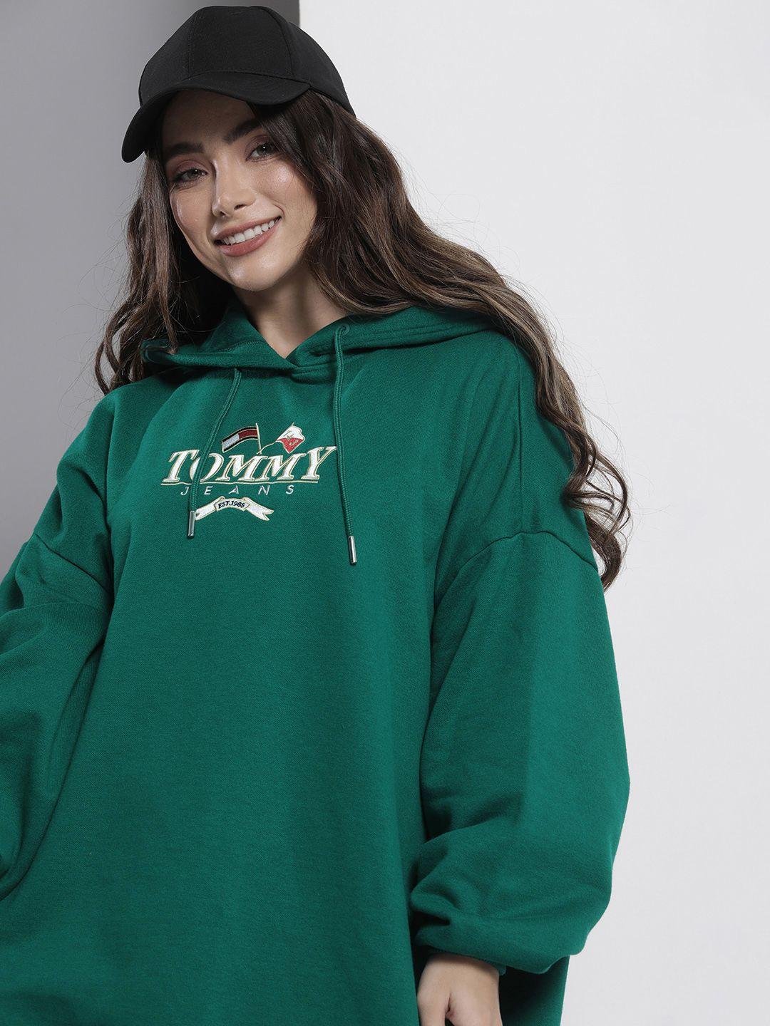 tommy hilfiger green oversized sustainable brand logo embroidery hooded jumper dress