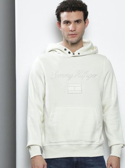 tommy hilfiger ivory regular fit logo printed hooded sweatshirt