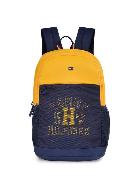 tommy hilfiger kavin yellow & navy polyester color block backpack - 34 ltrs