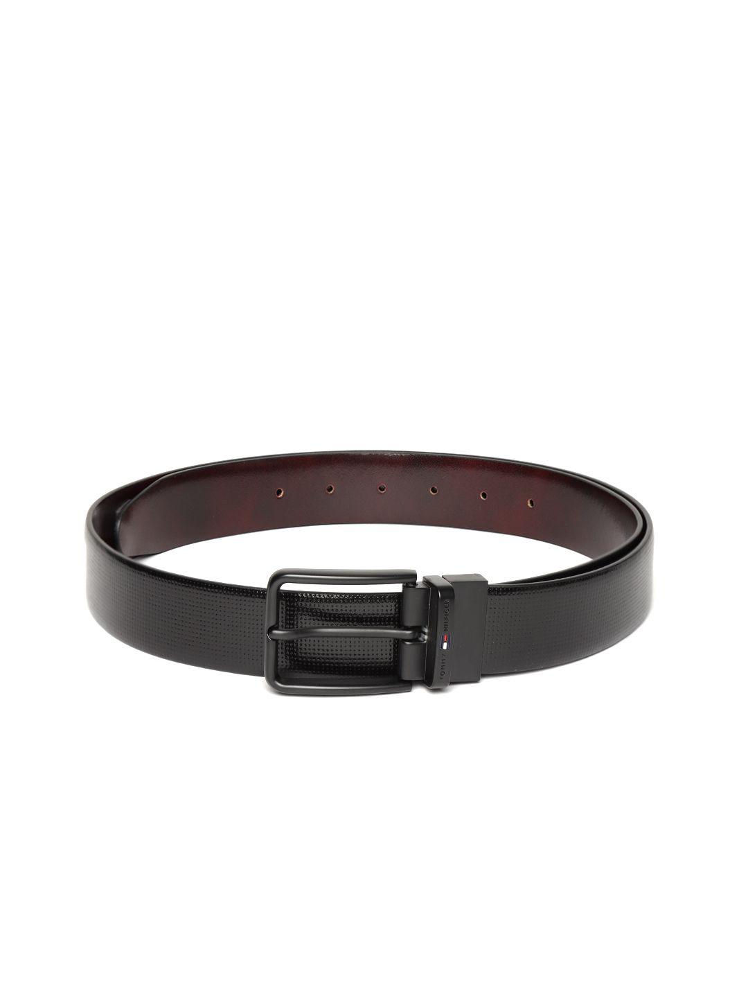 tommy hilfiger men black & coffee brown textured leather reversible formal belt