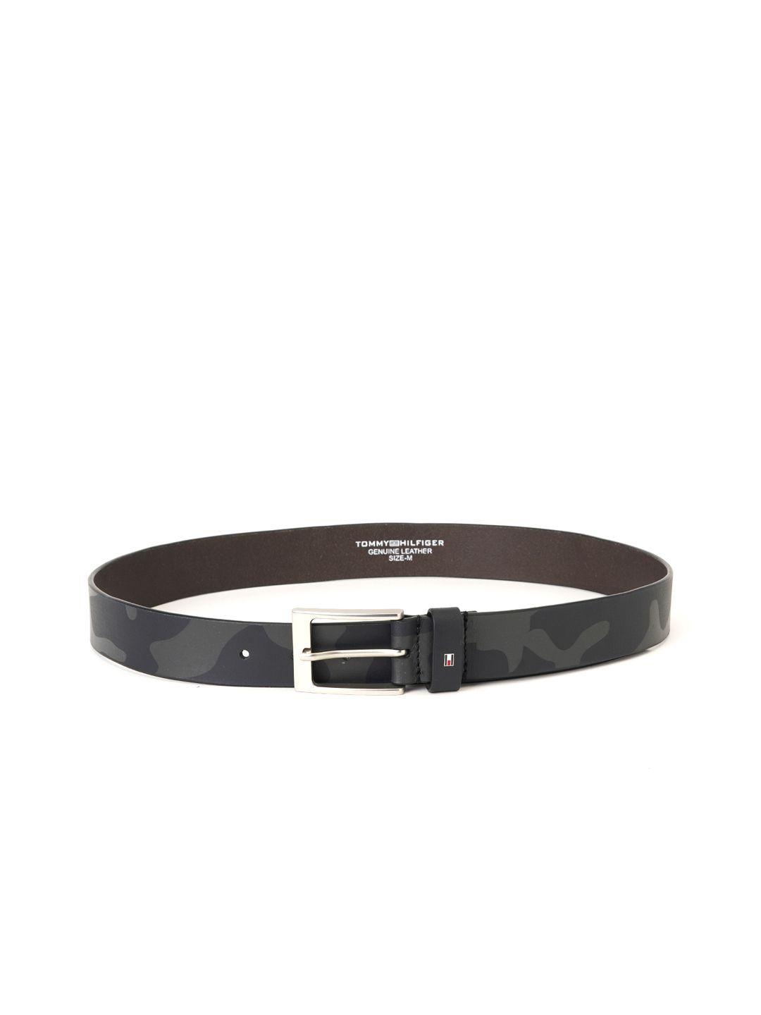 tommy hilfiger men black & olive green printed leather belt