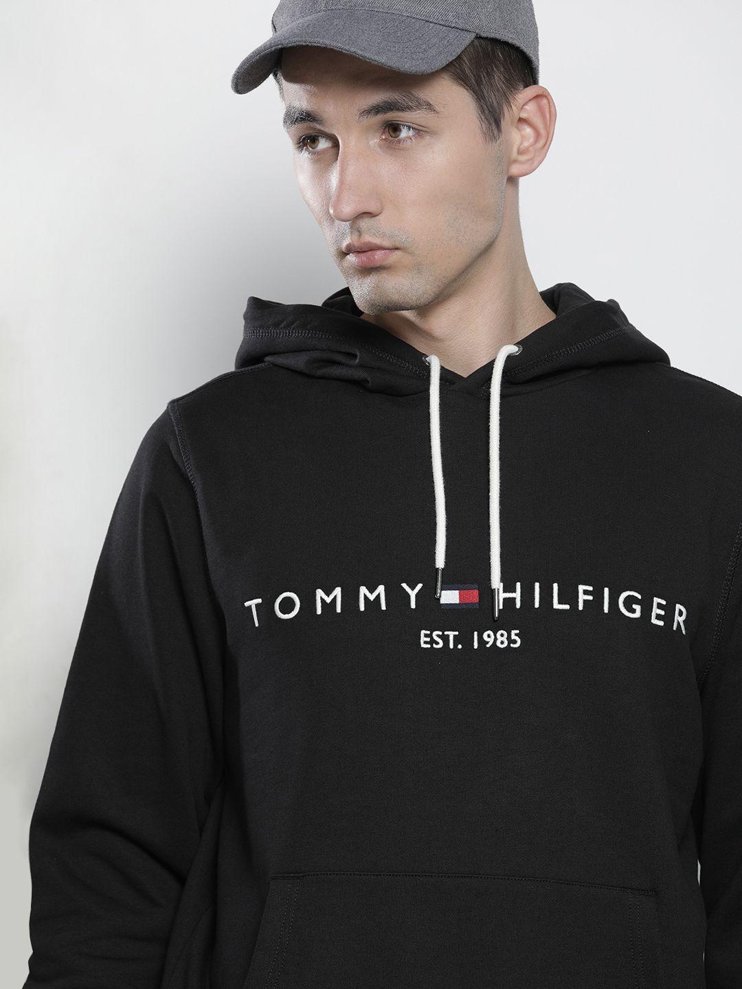 tommy hilfiger men black brand logo  embroidered hooded sweatshirt