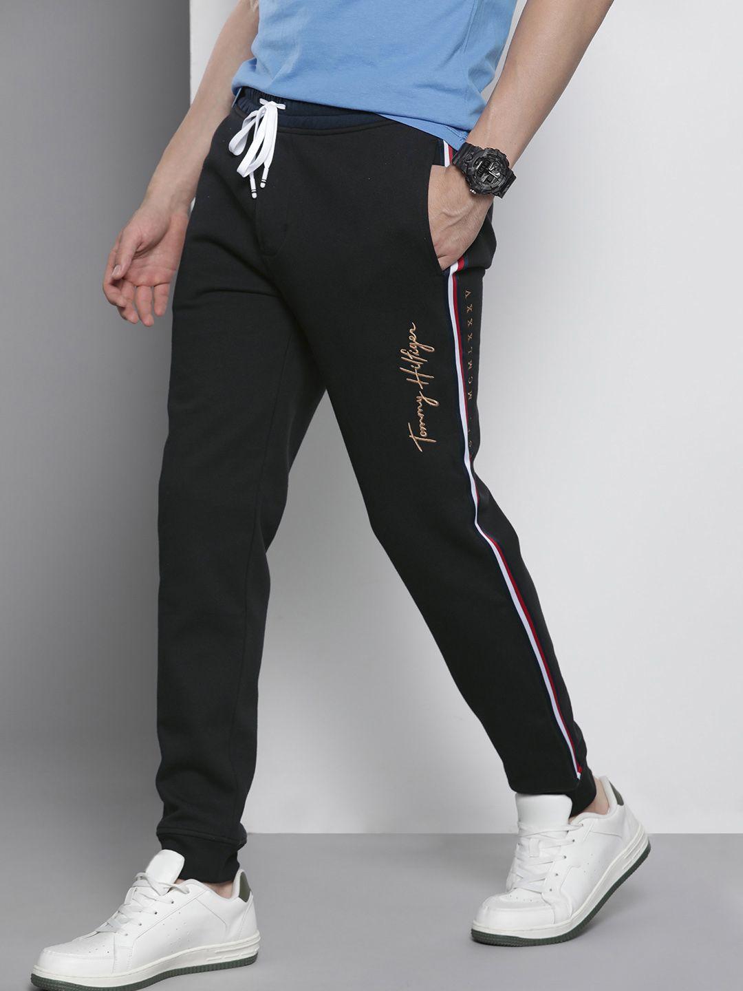 tommy hilfiger men black brand logo embroidered mid-rise regular joggers