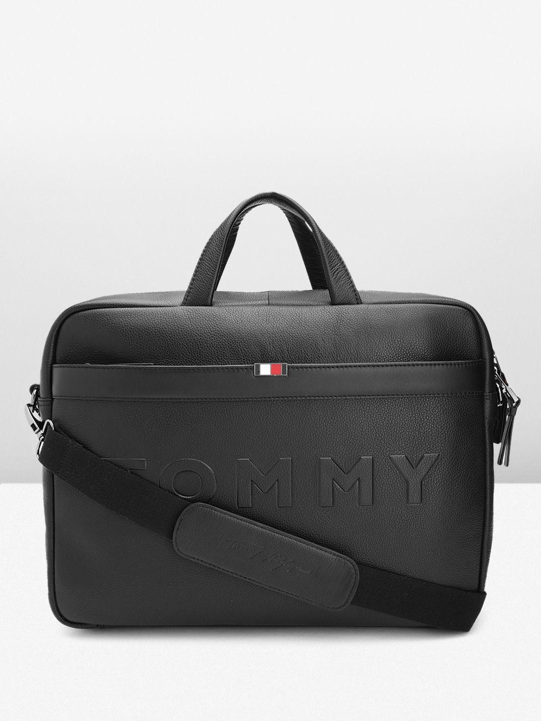 tommy hilfiger men black leather laptop bag