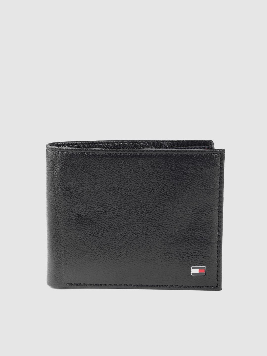 tommy hilfiger men black leather solid two fold wallet