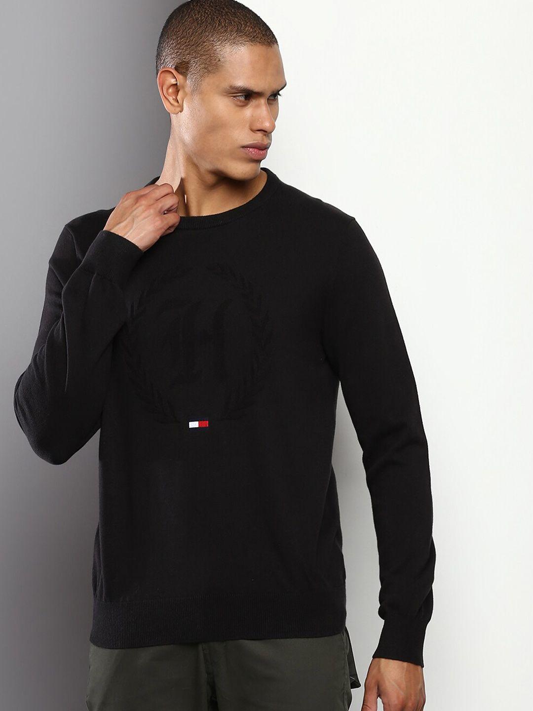tommy hilfiger men black self design pure cotton pullover sweaters