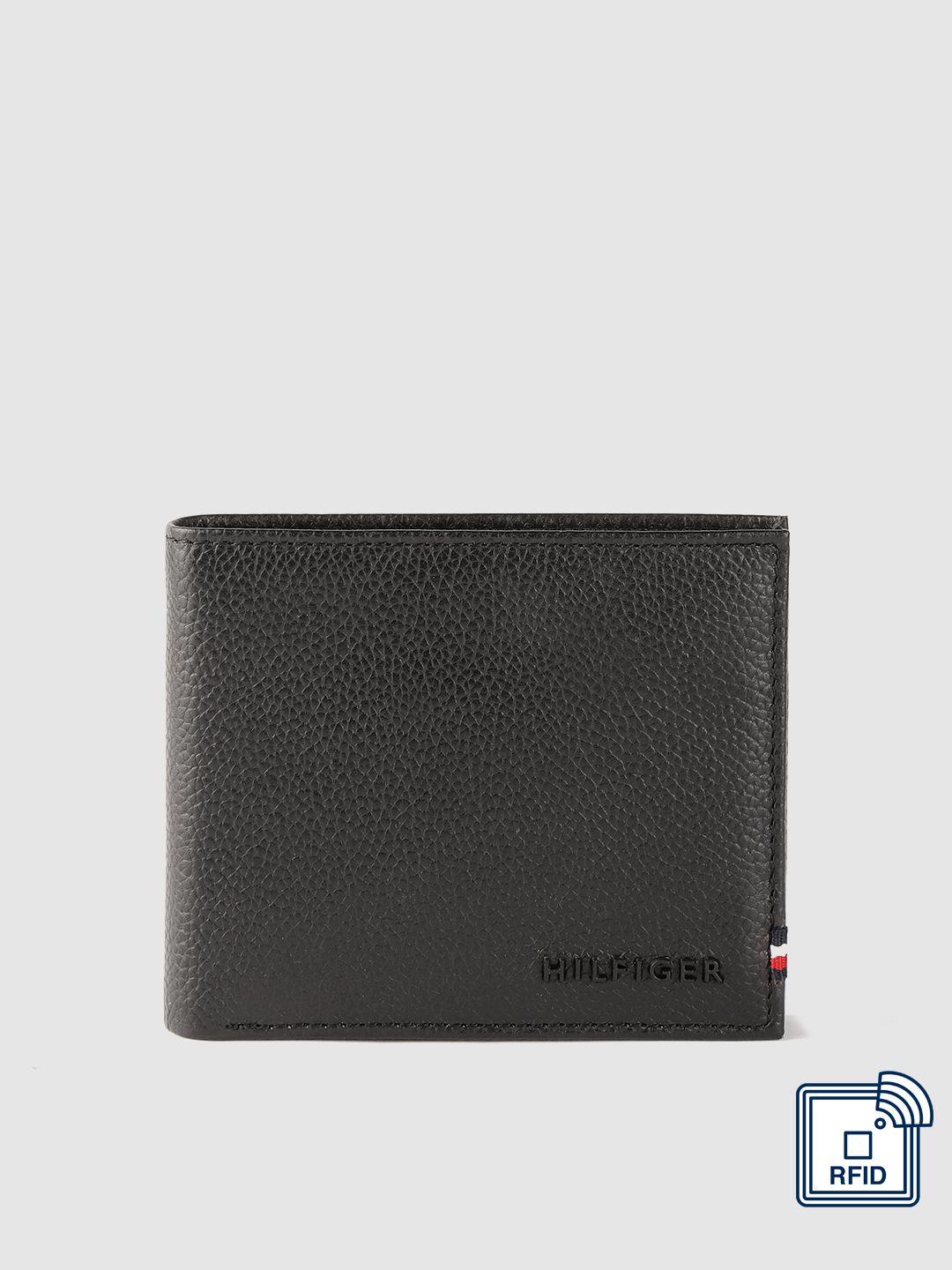 tommy hilfiger men black solid leather two fold wallet with rfid