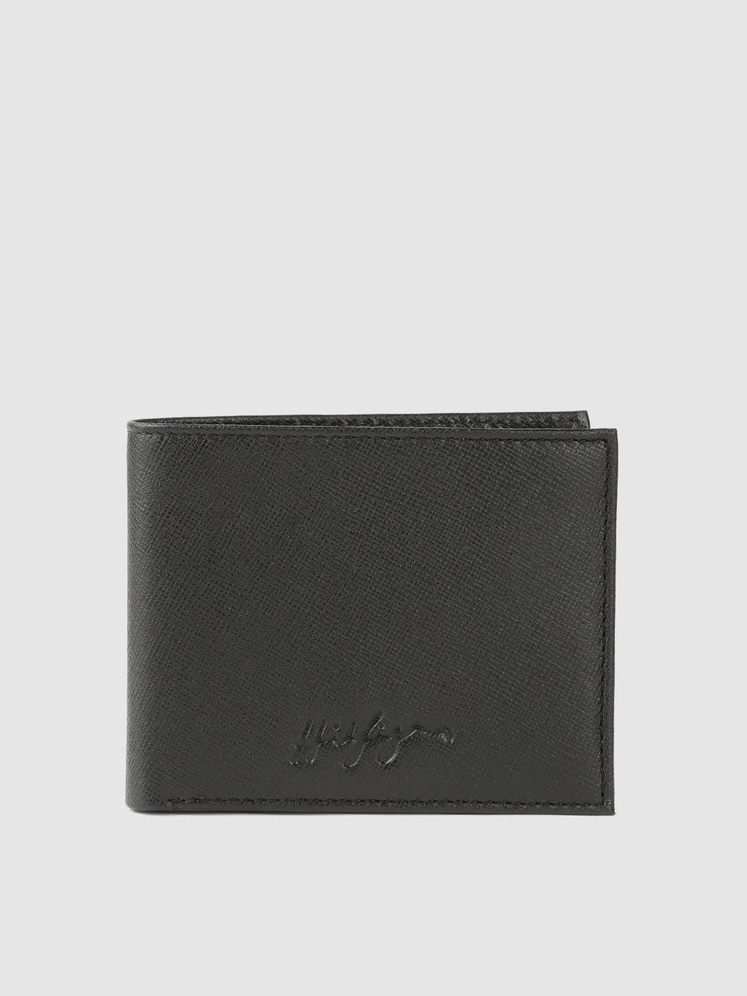 tommy hilfiger men black solid leather two fold wallet