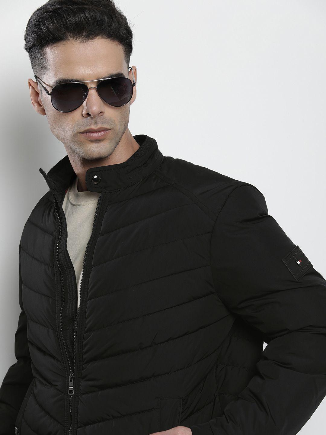 tommy hilfiger men black sorona aura cafe racer padded jacket