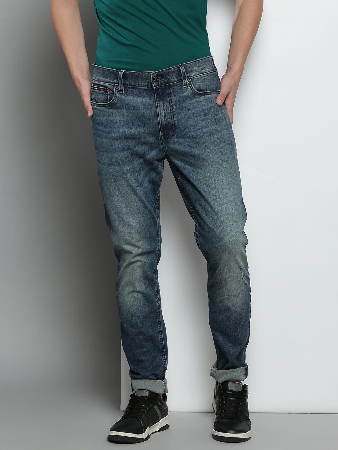 tommy hilfiger men blue skinny fit mildly distressed light fade stretchable jeans