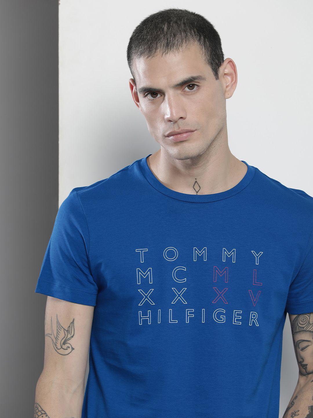 tommy hilfiger men blue typography slim fit t-shirt