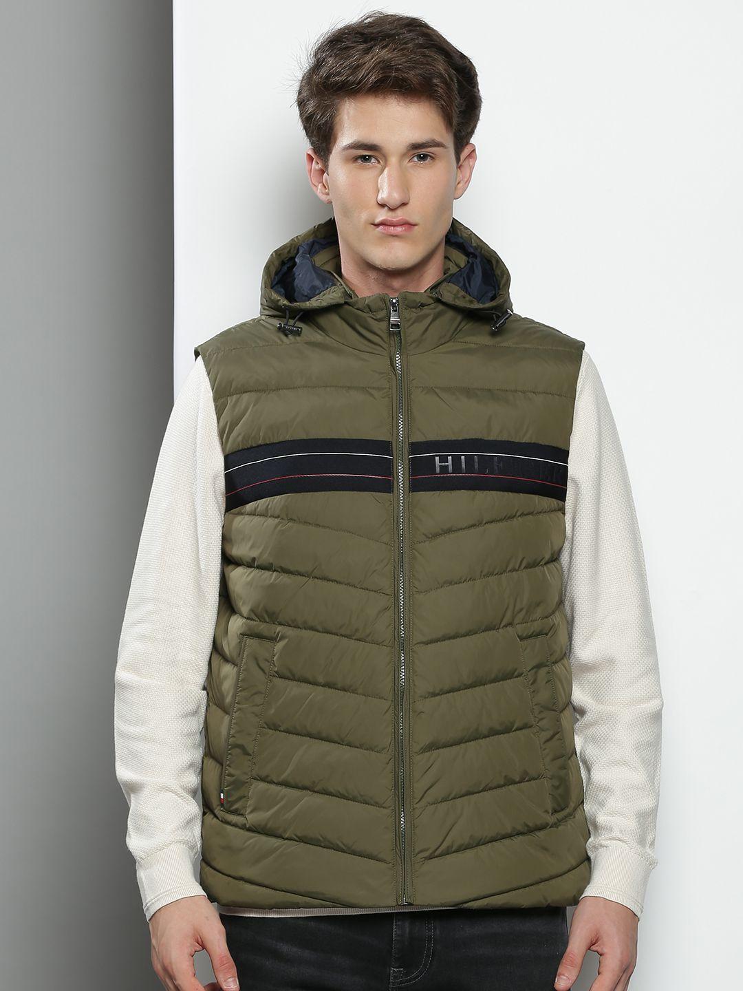 tommy hilfiger men brand logo striped sleeveless puffer hooded jacket