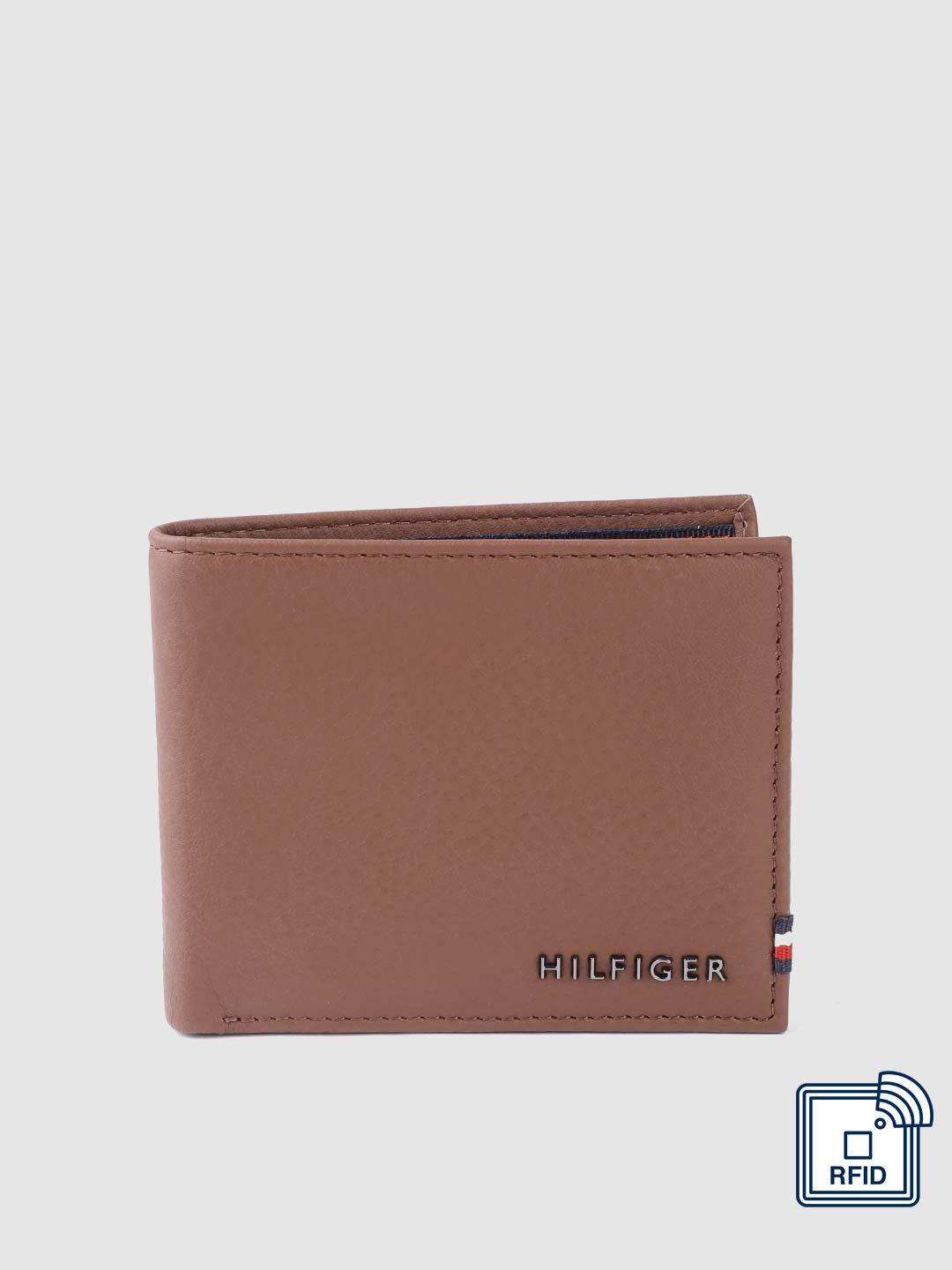 tommy hilfiger men brown leather solid rfid protected two fold wallet