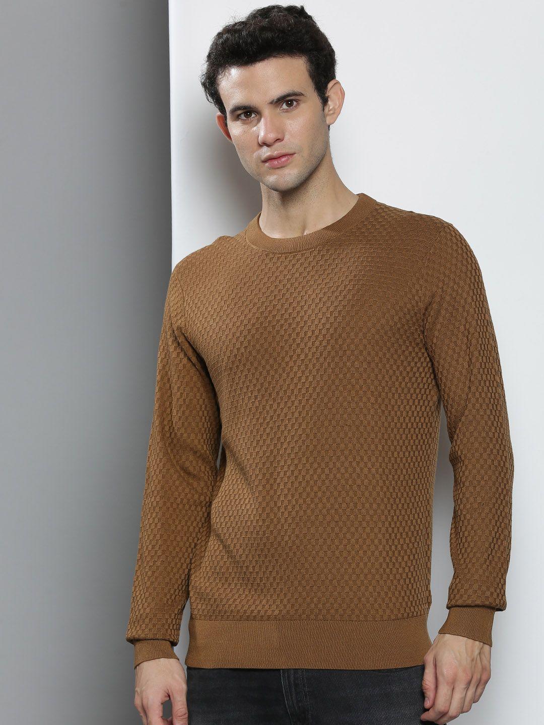 tommy hilfiger men brown self- designed pullover sweater