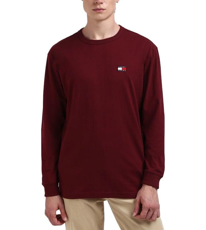 tommy hilfiger men deep rouge solid round neck full sleeves t-shirt