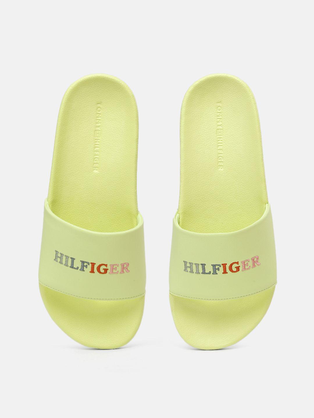 tommy hilfiger men fluorescent green brand logo embroidered sliders