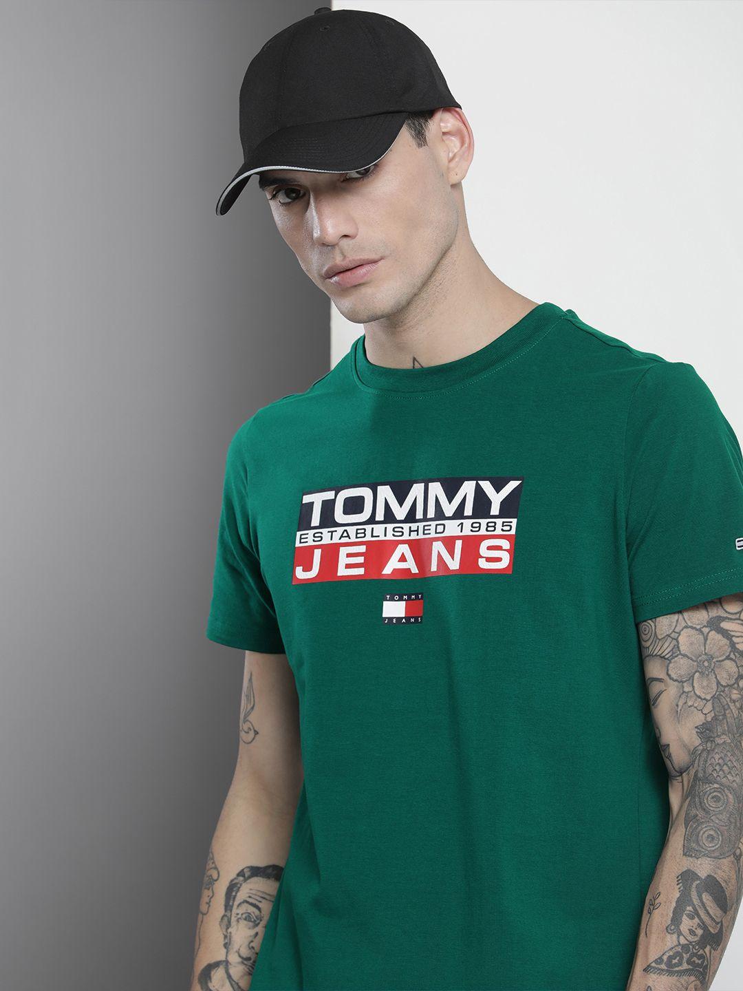 tommy hilfiger men green brand logo printed slim fit t-shirt