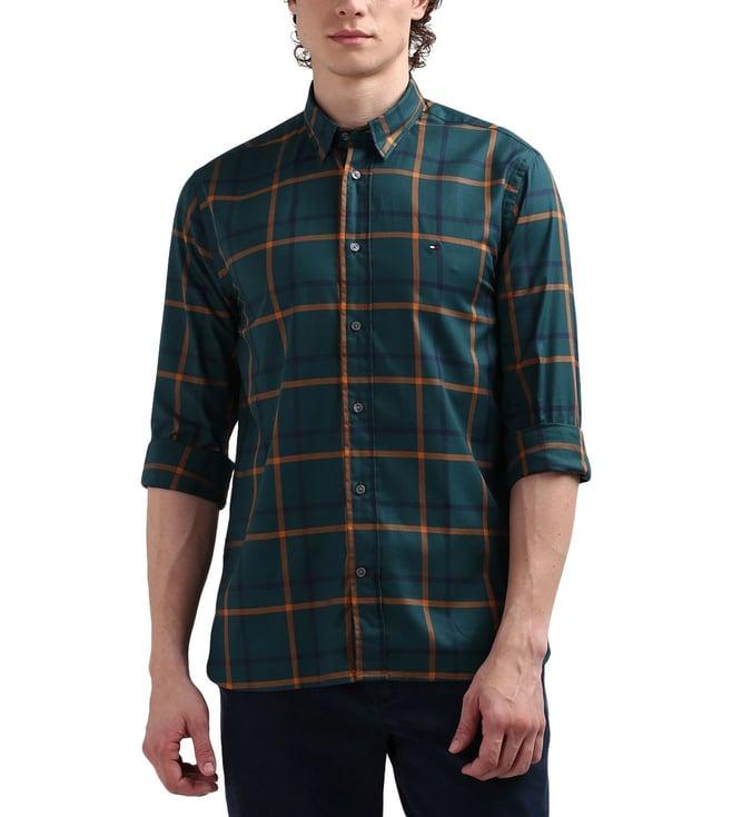 tommy hilfiger men green checked regular fit shirt