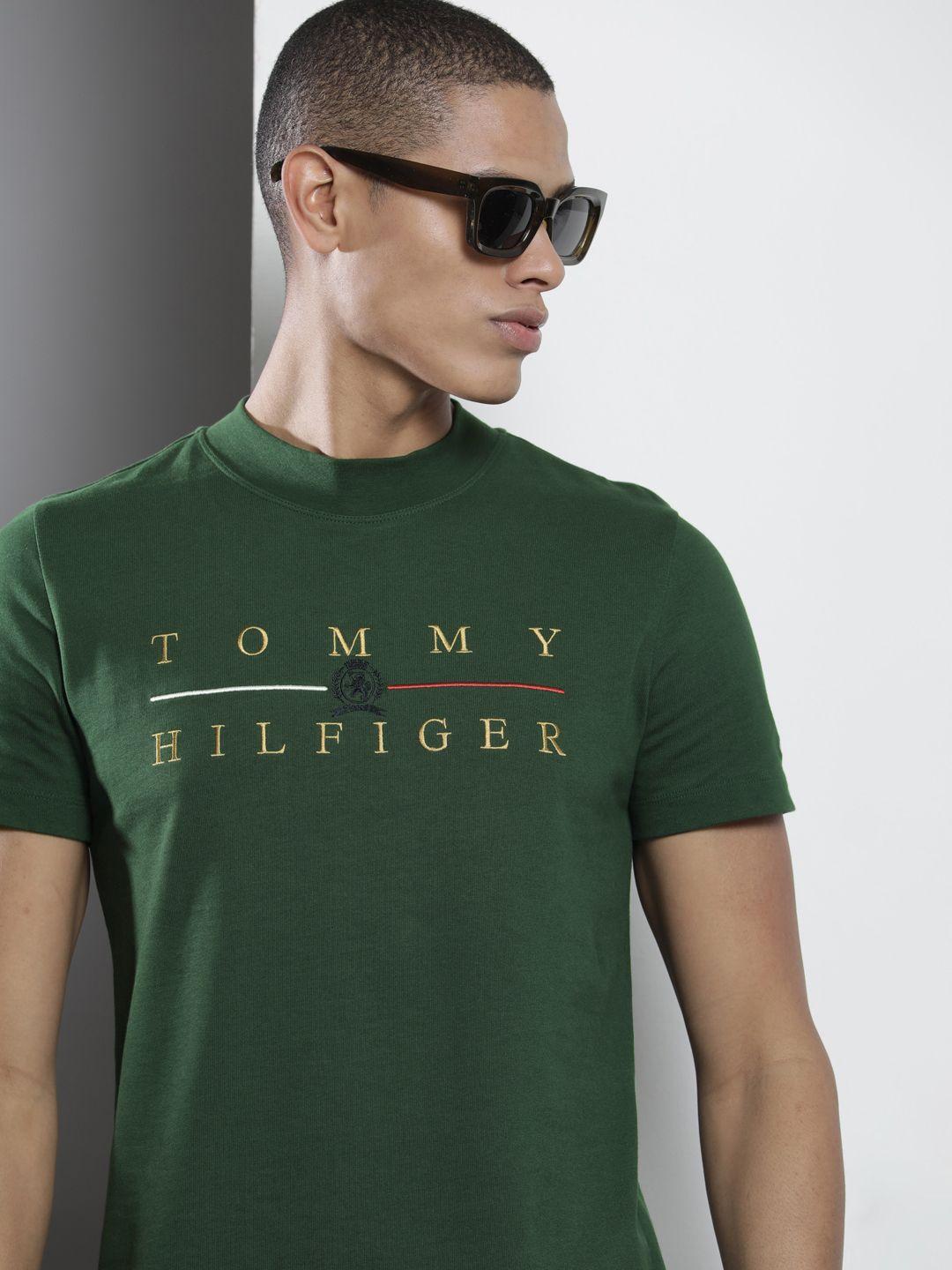 tommy hilfiger men green organic cotton brand logo printed round neck t-shirt