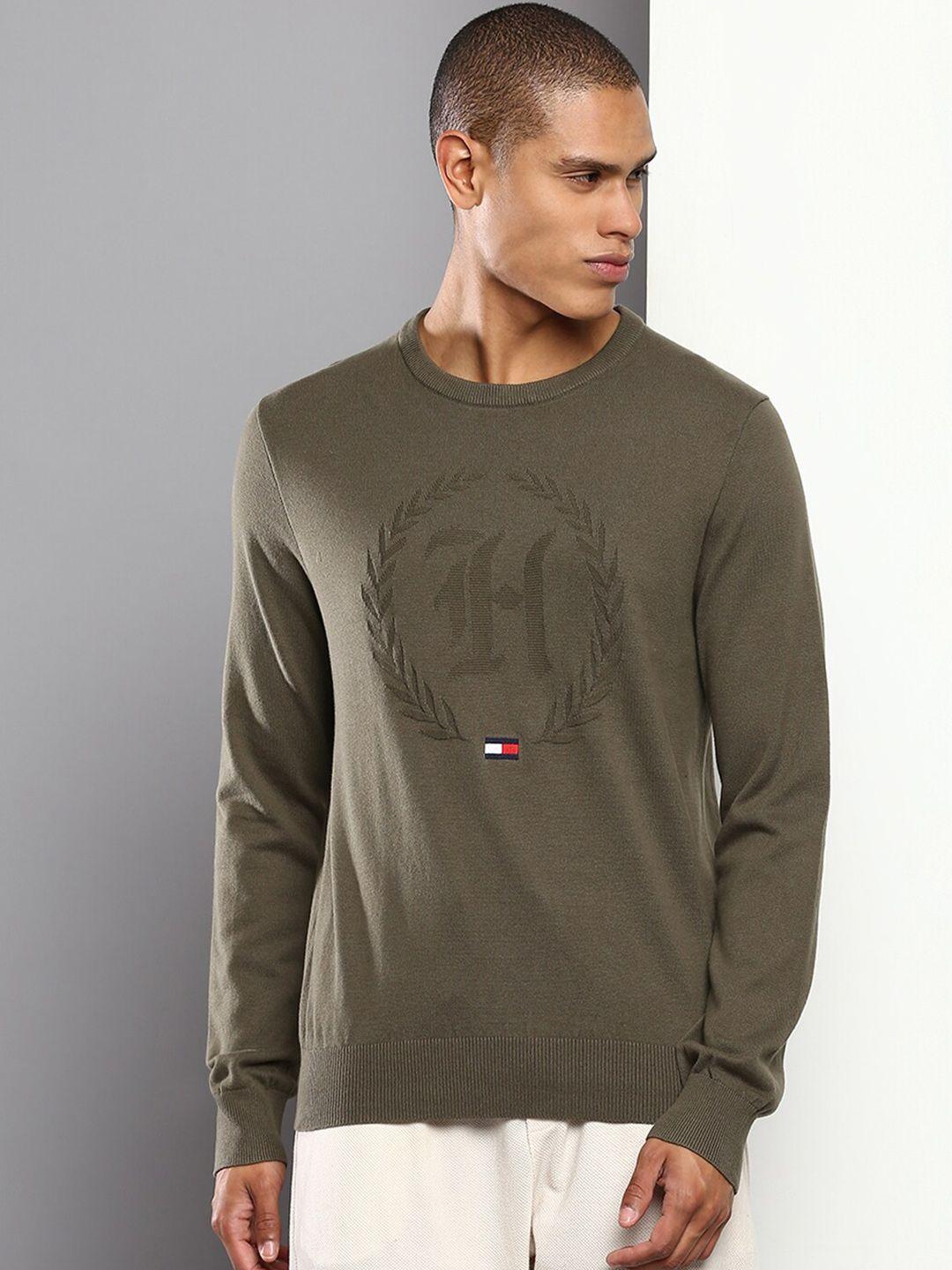 tommy hilfiger men green printed round neck pure cotton pullover
