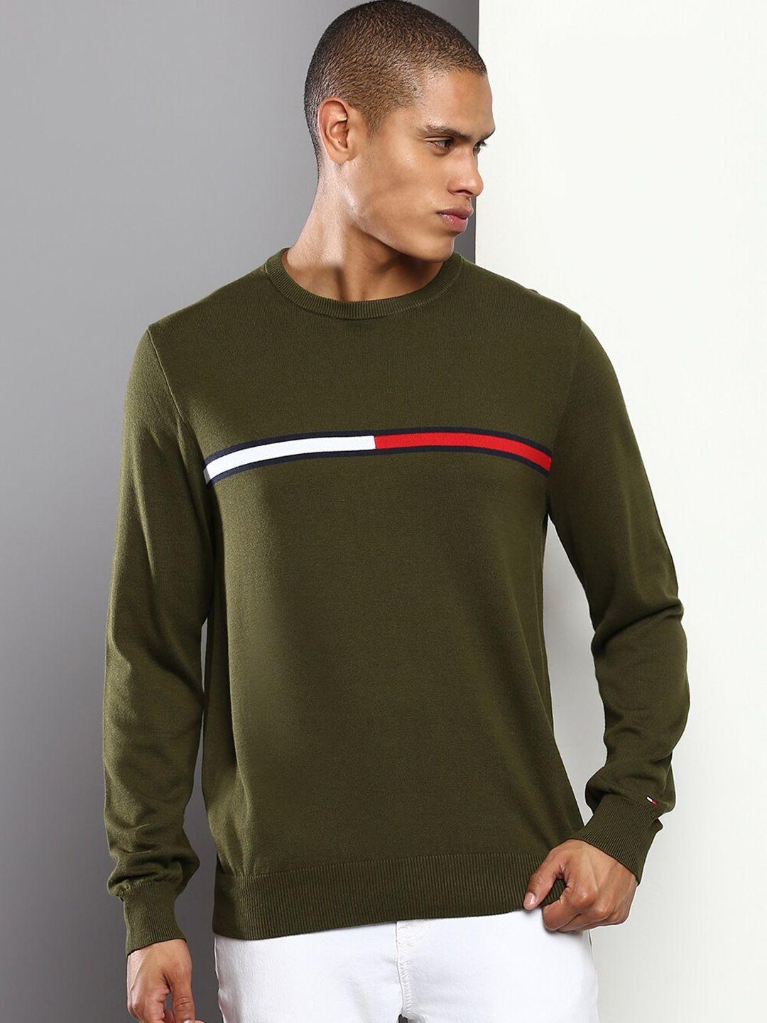 tommy hilfiger men green round neck pure cotton pullover sweaters