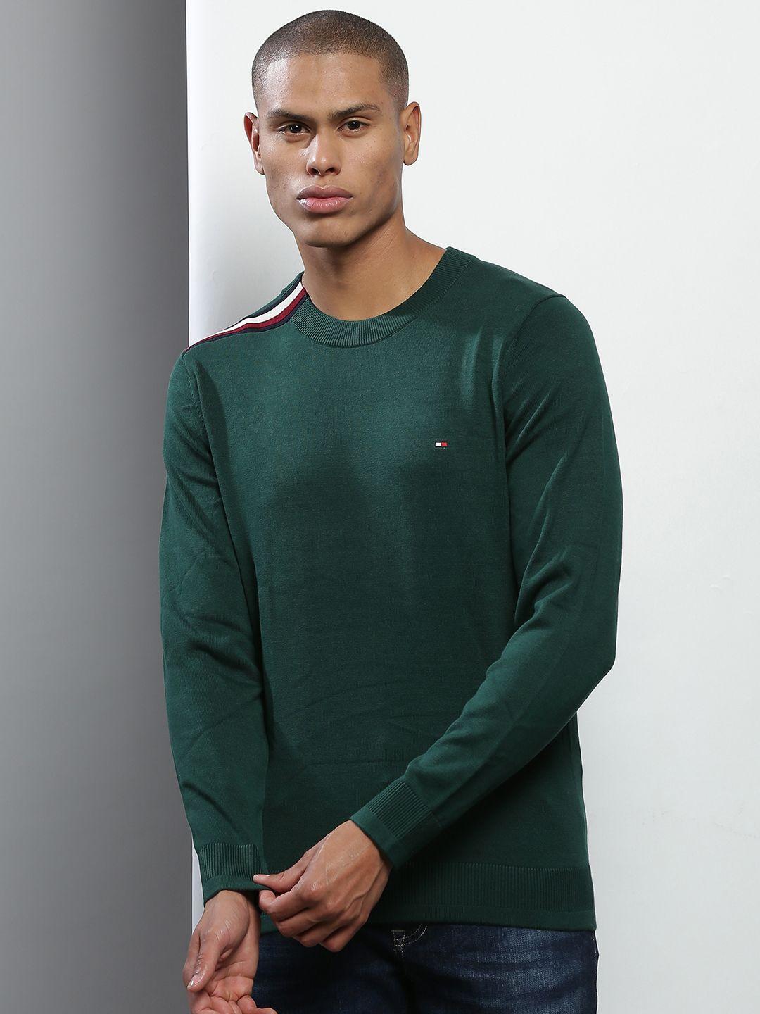 tommy hilfiger men green solid cotton pullover