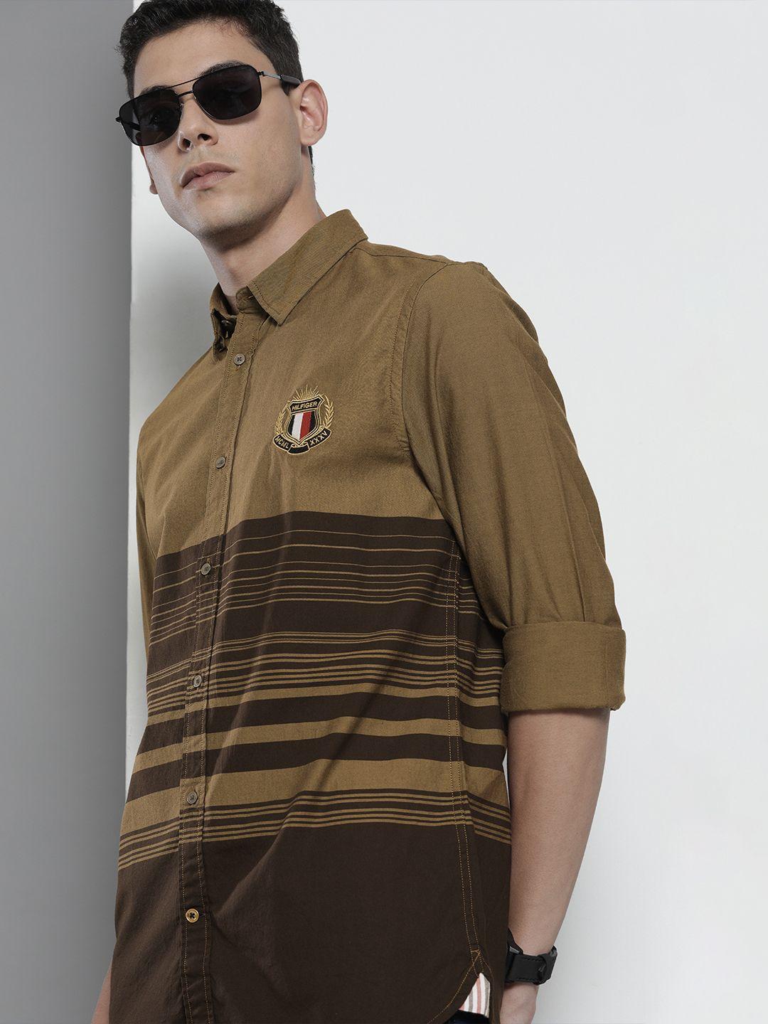 tommy hilfiger men khaki & coffee brown slim fit horizontal stripes casual shirt