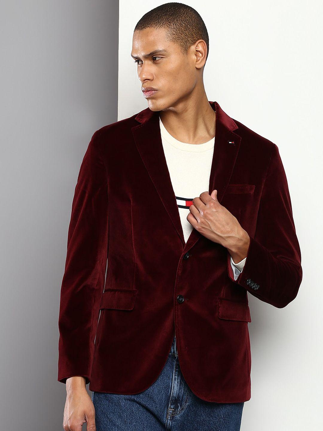 tommy hilfiger men maroon solid suede single-breasted casual blazers