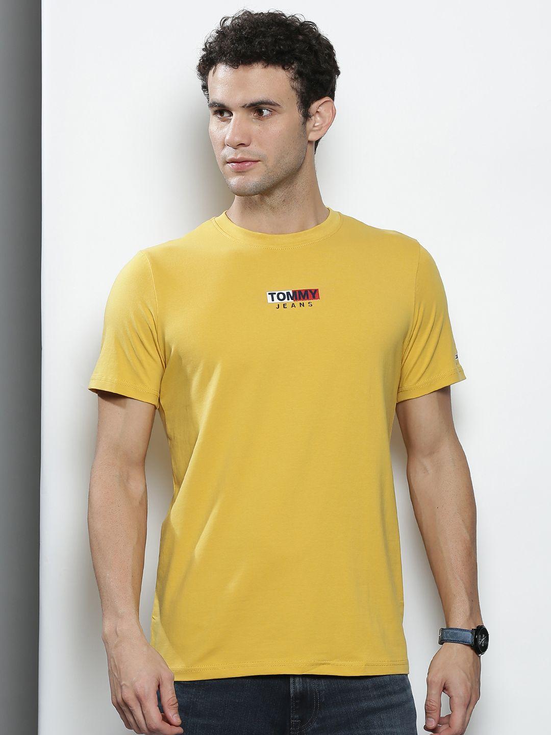 tommy hilfiger men mustard yellow brand logo print slim fit t-shirt