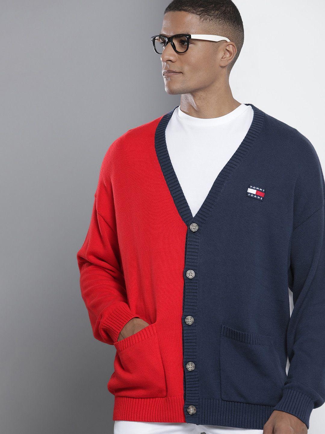 tommy hilfiger men navy blue & red skater archive colourblocked pure cotton cardigan