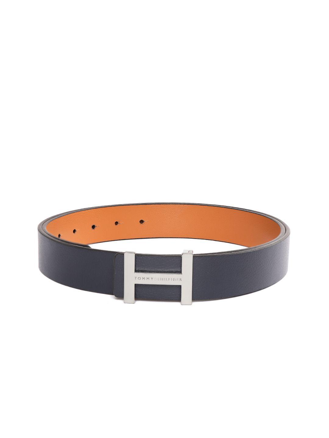 tommy hilfiger men navy blue & tan solid reversible leather belt