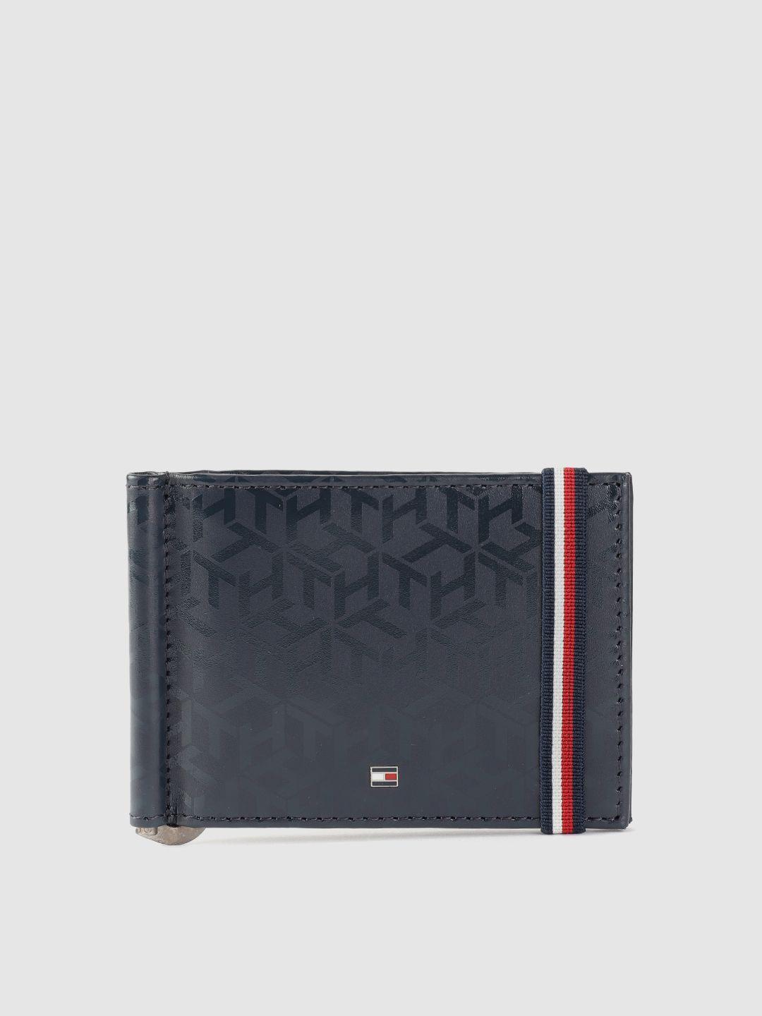 tommy hilfiger men navy blue abstract printed leather money clip