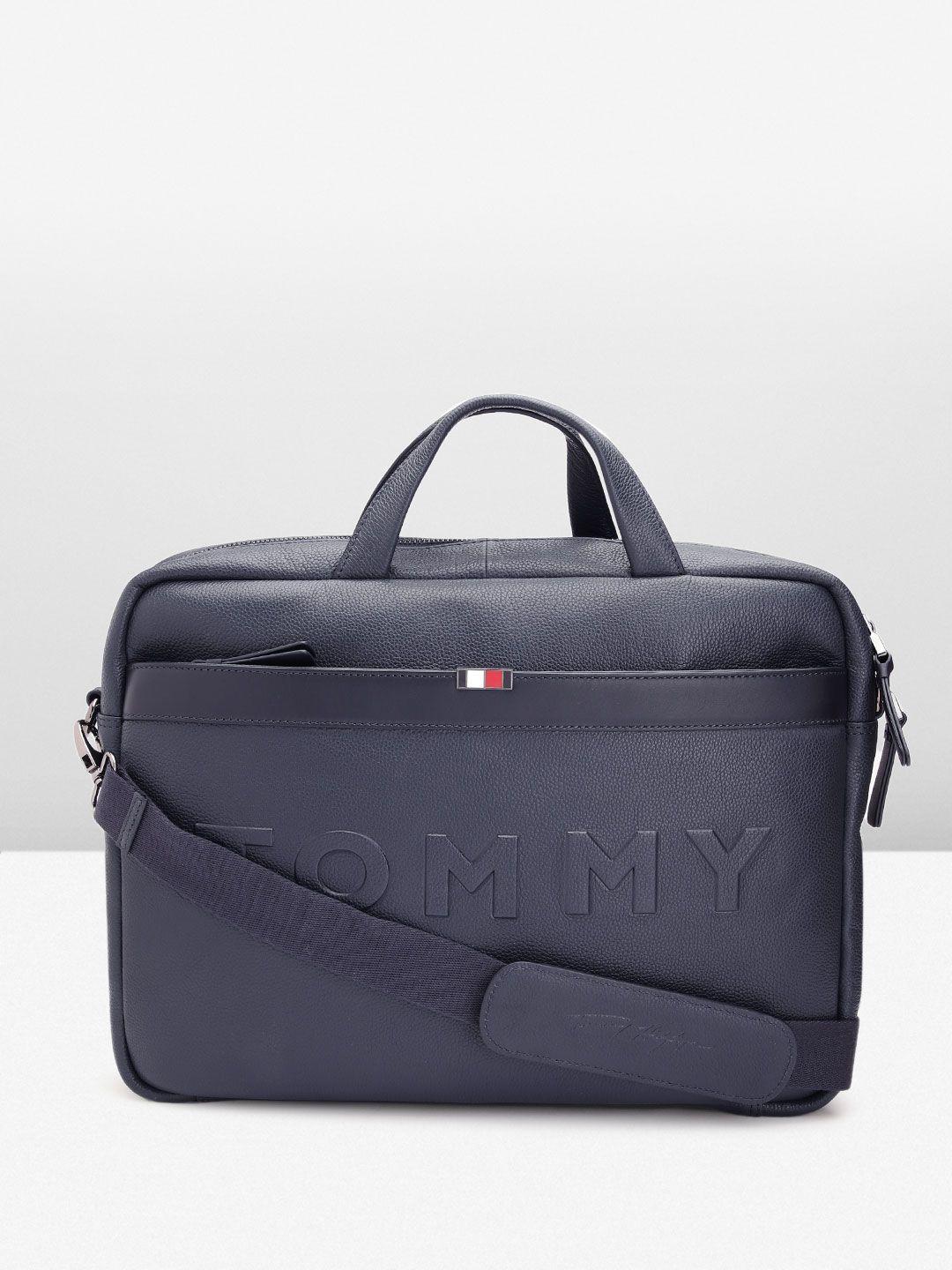 tommy hilfiger men navy blue leather laptop bag