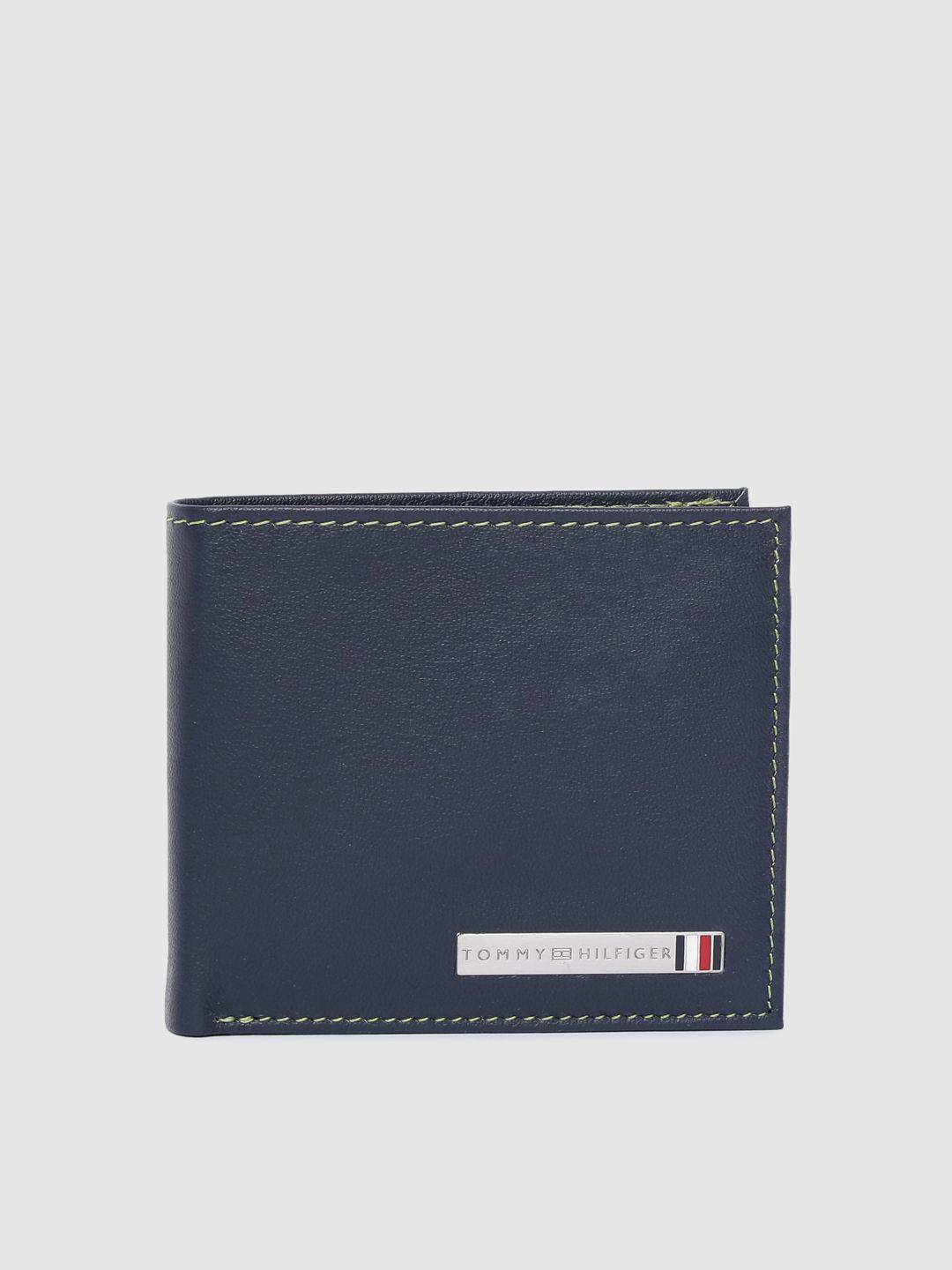 tommy hilfiger men navy blue solid genuine leather two fold wallet