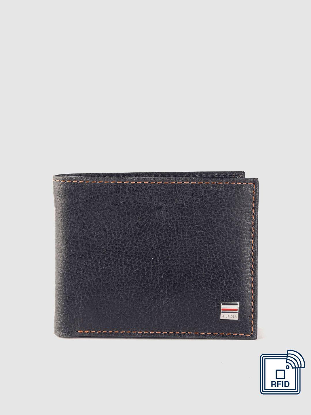 tommy hilfiger men navy blue solid leather two fold wallet with rfid