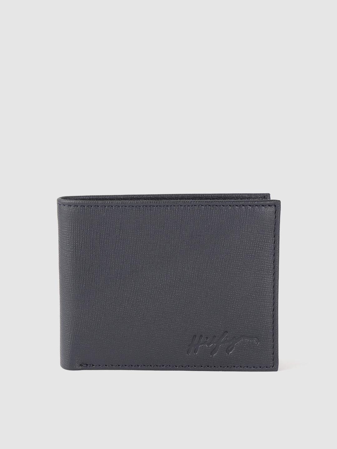 tommy hilfiger men navy blue textured leather two fold wallet