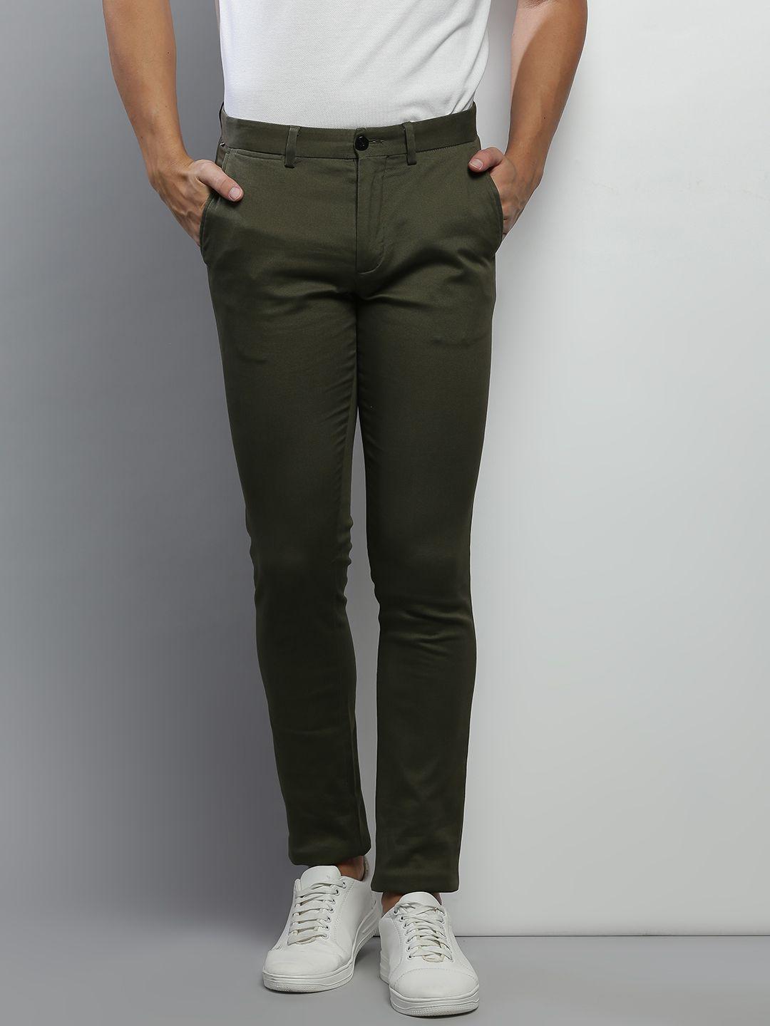 tommy hilfiger men olive green solid cotton slim fit trousers