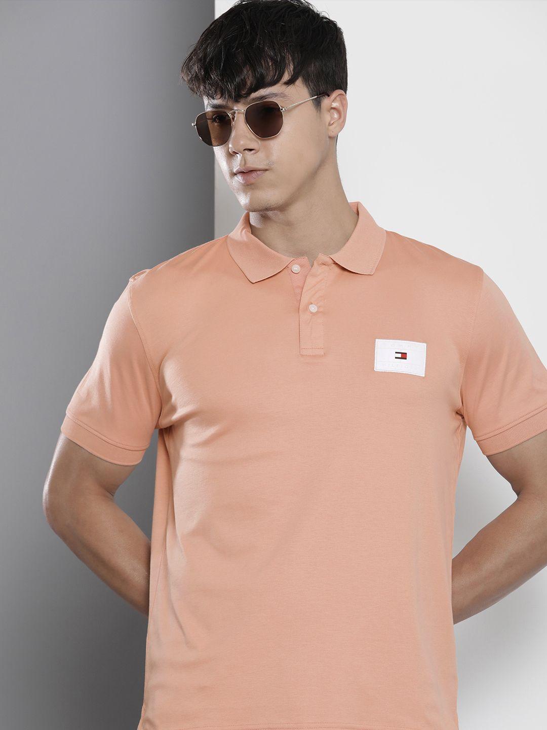 tommy hilfiger men peach-coloured polo collar pure cotton t-shirt