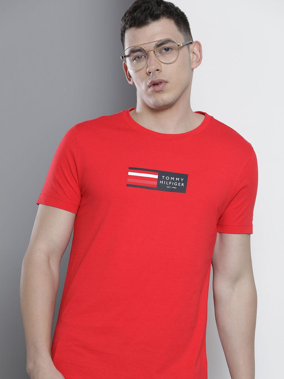 tommy hilfiger men red brand logo printed organic cotton slim fit t-shirt