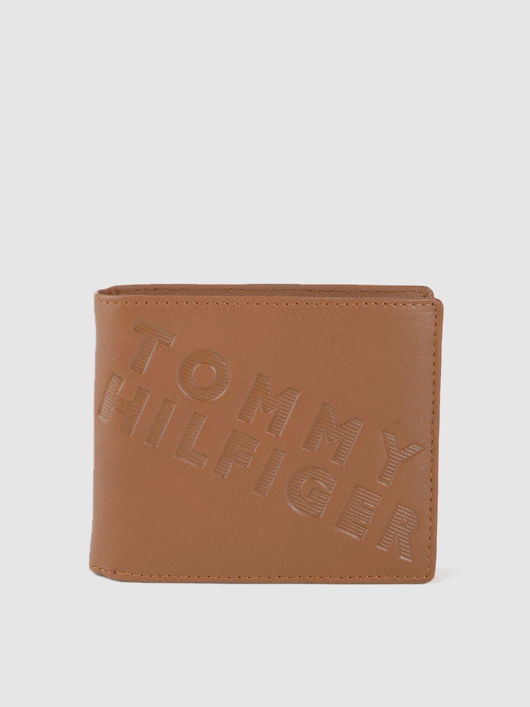 tommy hilfiger men tan brown brand logo textured leather two fold wallet