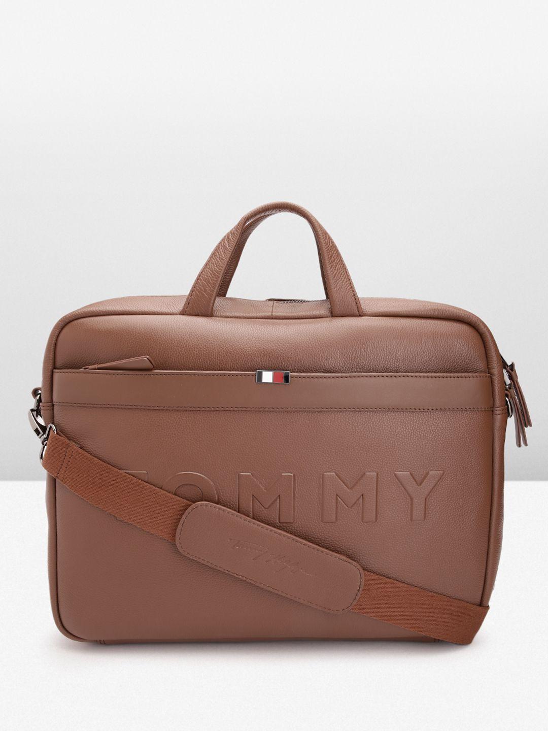 tommy hilfiger men tan leather laptop bag