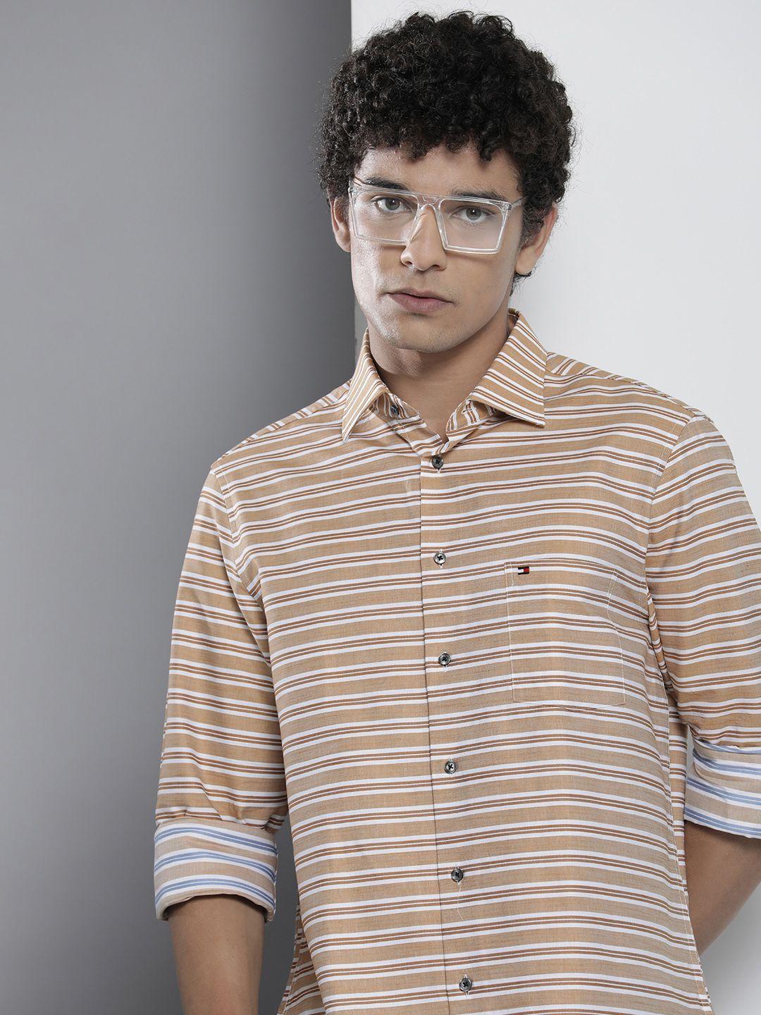 tommy hilfiger men tan standard striped pure cotton casual shirt