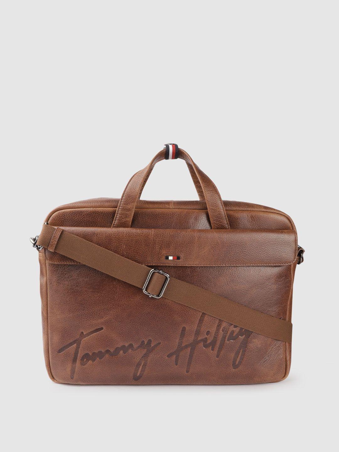 tommy hilfiger men tan textured brand logo laptop bag