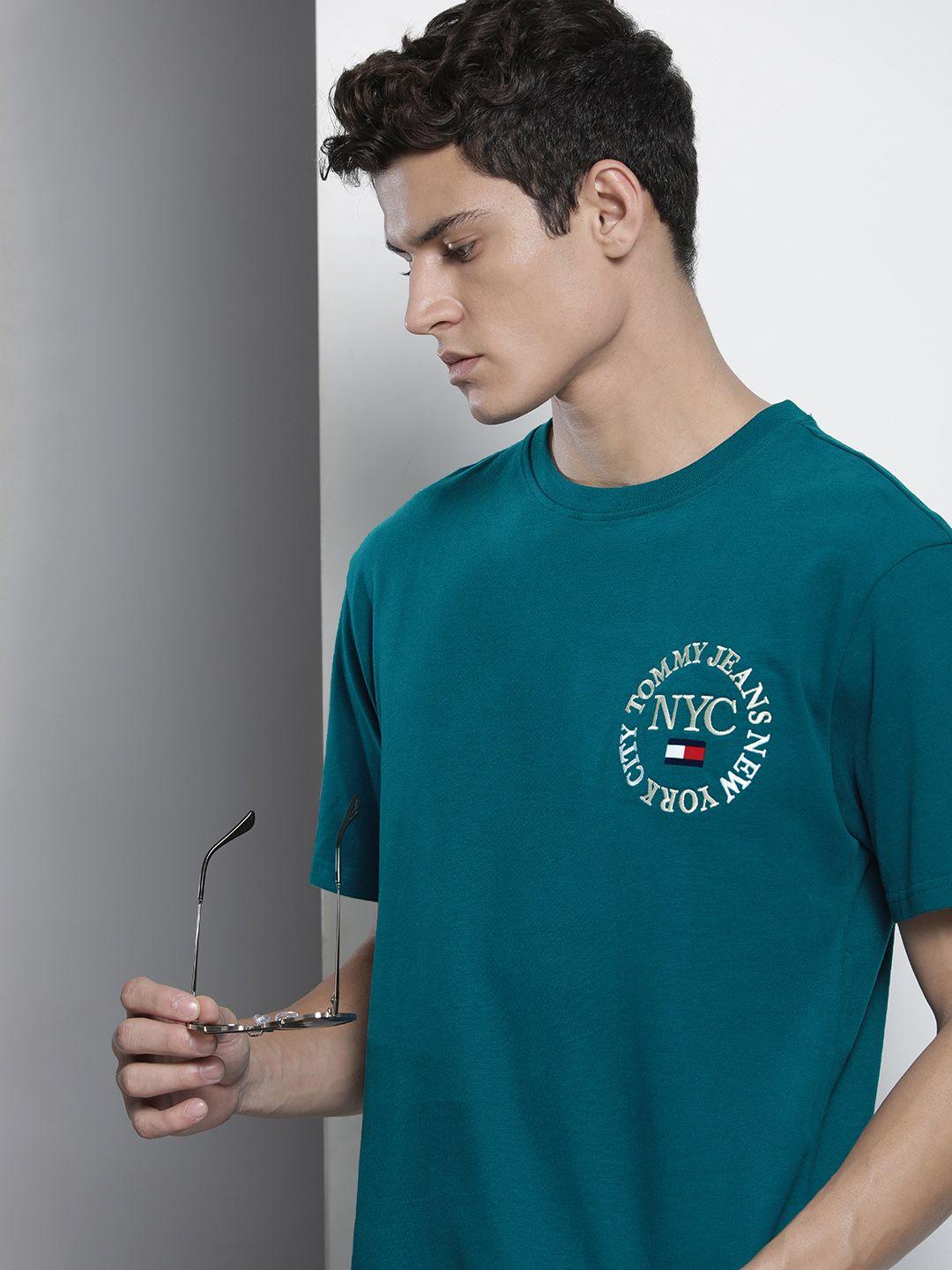 tommy hilfiger men teal blue embroidered pure cotton t-shirt