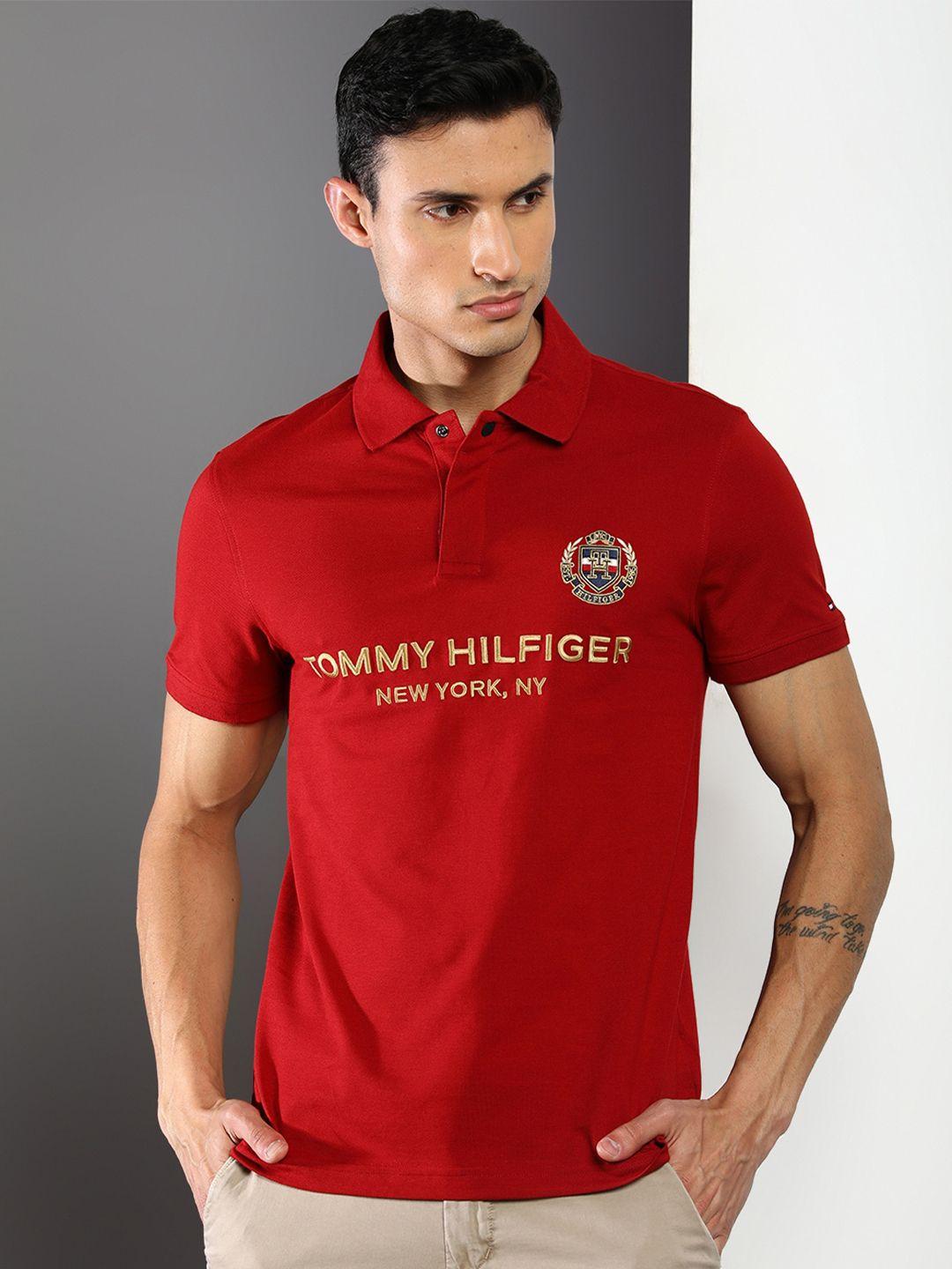 tommy hilfiger men typography cotton polo collar slim fit t-shirt